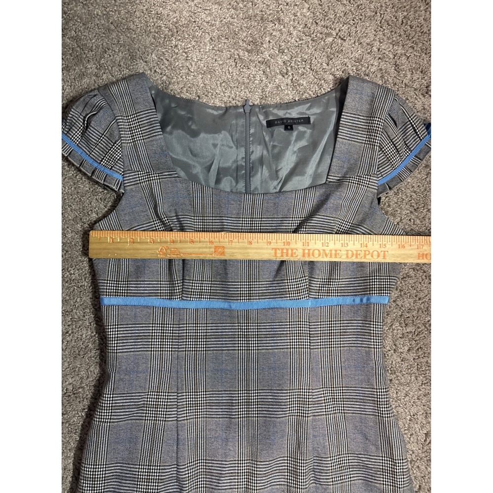 David Meister Grey Glen Plaid Sheath Dress Blue Ribbon Trim Cap Sleeve Size 6 - Picture 3 of 6